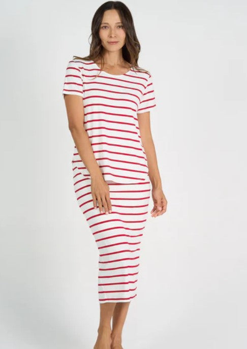 Janis Bamboo Tee - Lipstick & White Stripe